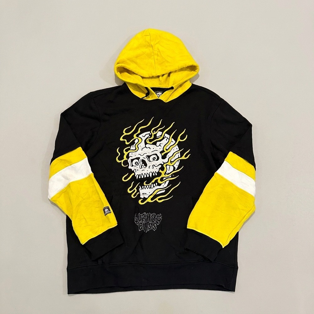 Lurking Class by Sketchy Tank Fire Hoodie Mens Large Black Yellow Flaming Skull